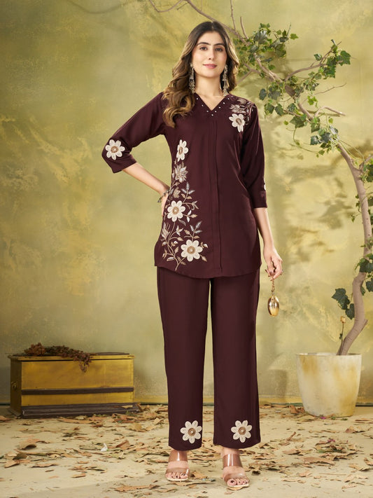 Elegant Brown Floral Embroidered Co-Ord Set for Women