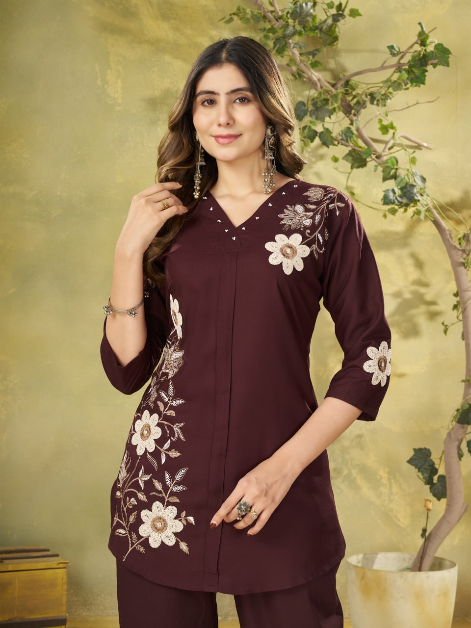 Elegant Brown Floral Embroidered Co-Ord Set for Women