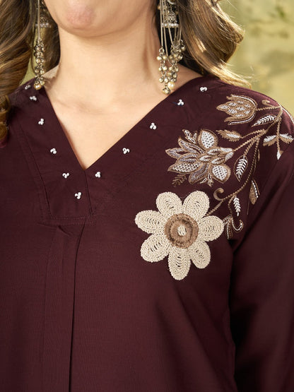 Elegant Brown Floral Embroidered Co-Ord Set for Women