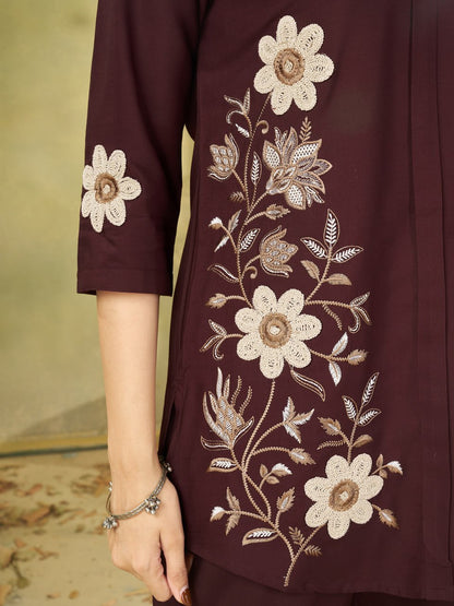 Elegant Brown Floral Embroidered Co-Ord Set for Women