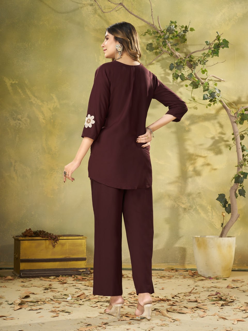 Elegant Brown Floral Embroidered Co-Ord Set for Women