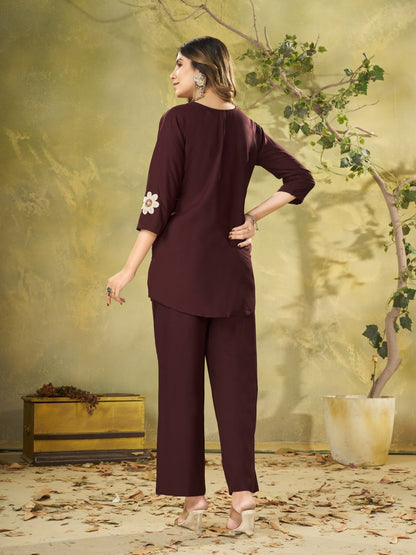 Elegant Brown Floral Embroidered Co-Ord Set for Women