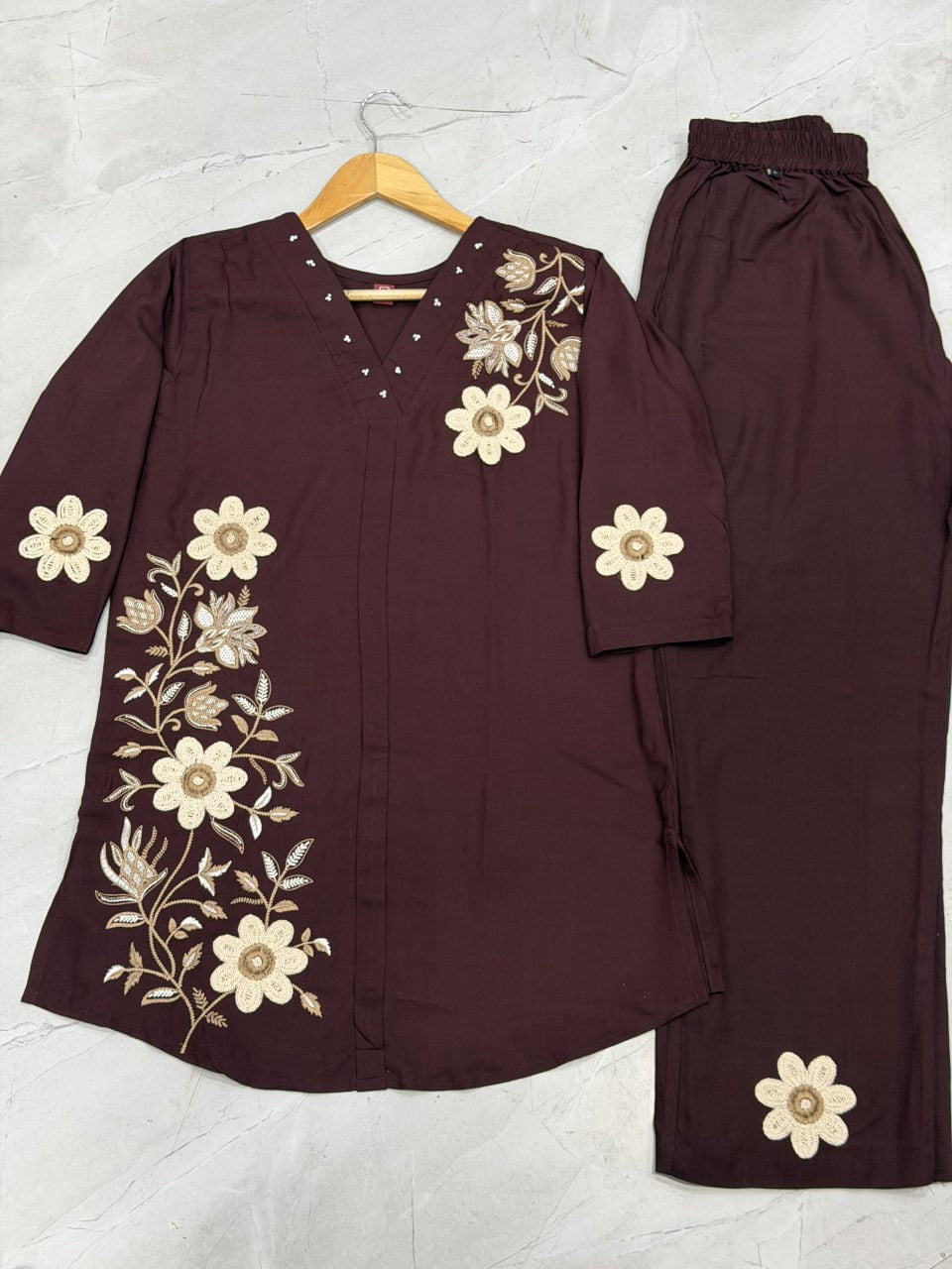 Elegant Brown Floral Embroidered Co-Ord Set for Women