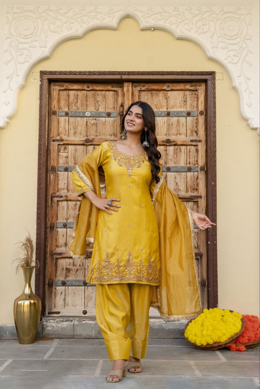 Radiant Mustard Embroidered Festive Suit Set