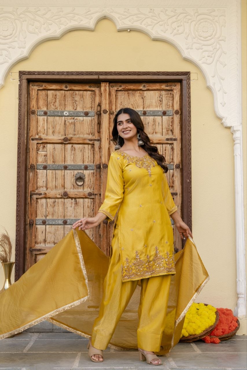 Radiant Mustard Embroidered Festive Suit Set