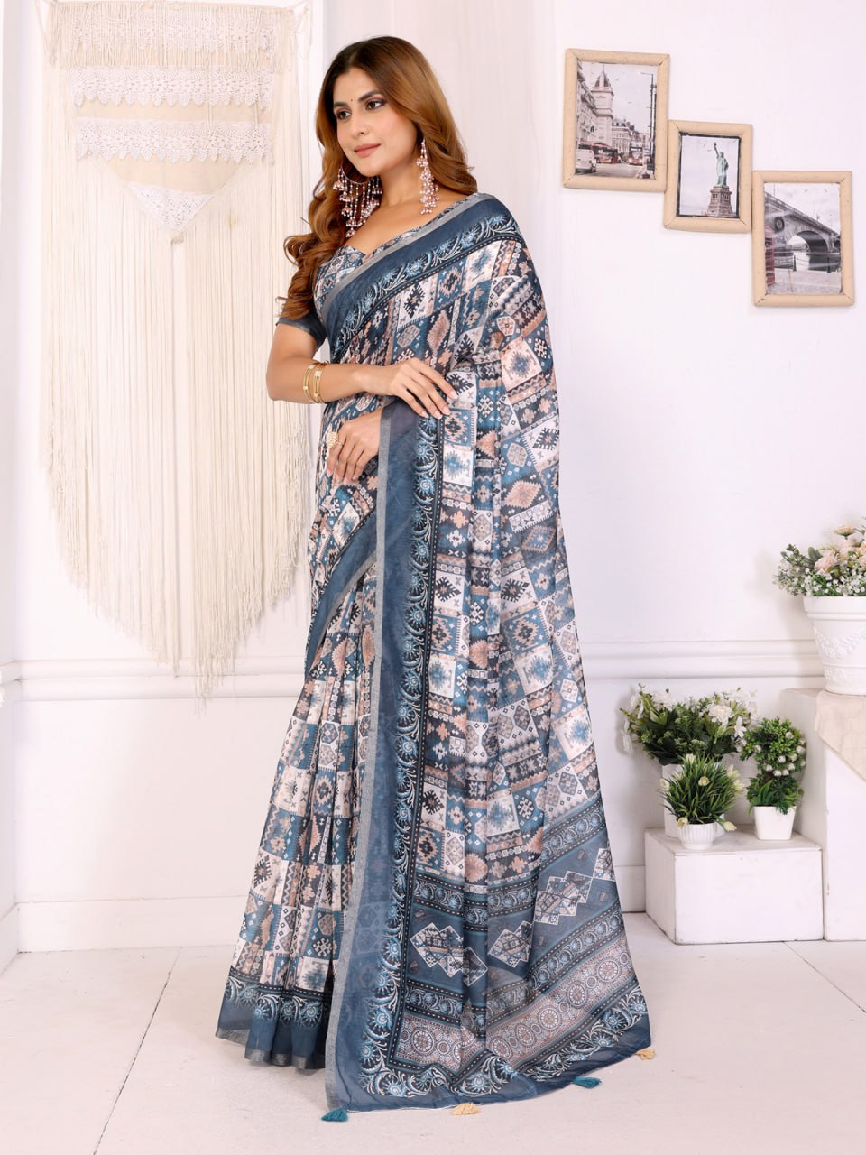 Stylish Multicolour Chanderi Saree with Digital Geometric Print