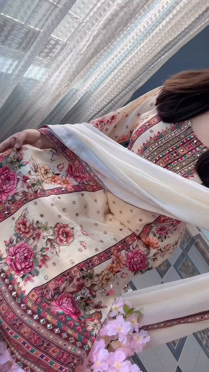 Ivory Bloom Premium Printed & Embroidered Straight Suit Set with Dupatta