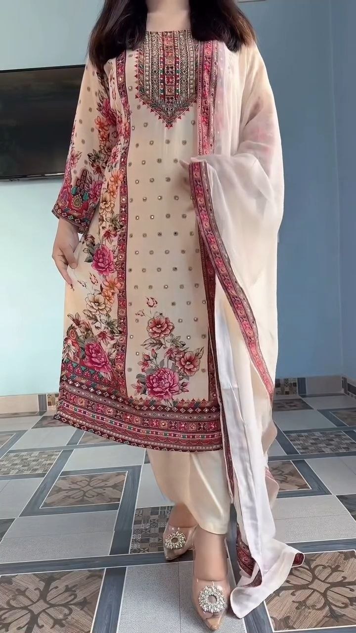 Ivory Bloom Premium Printed & Embroidered Straight Suit Set with Dupatta