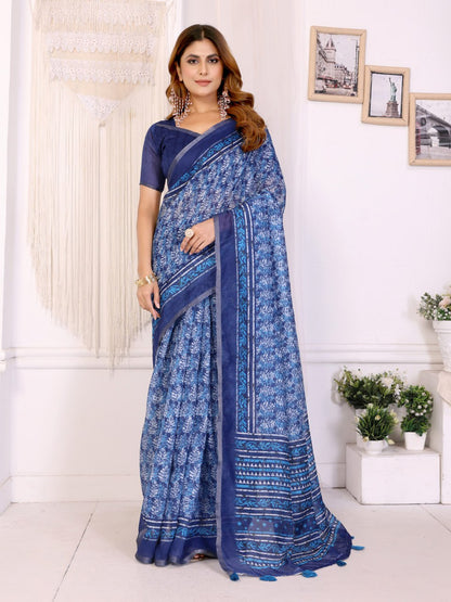 Elegant Blue Chanderi Saree with Digital Floral Print