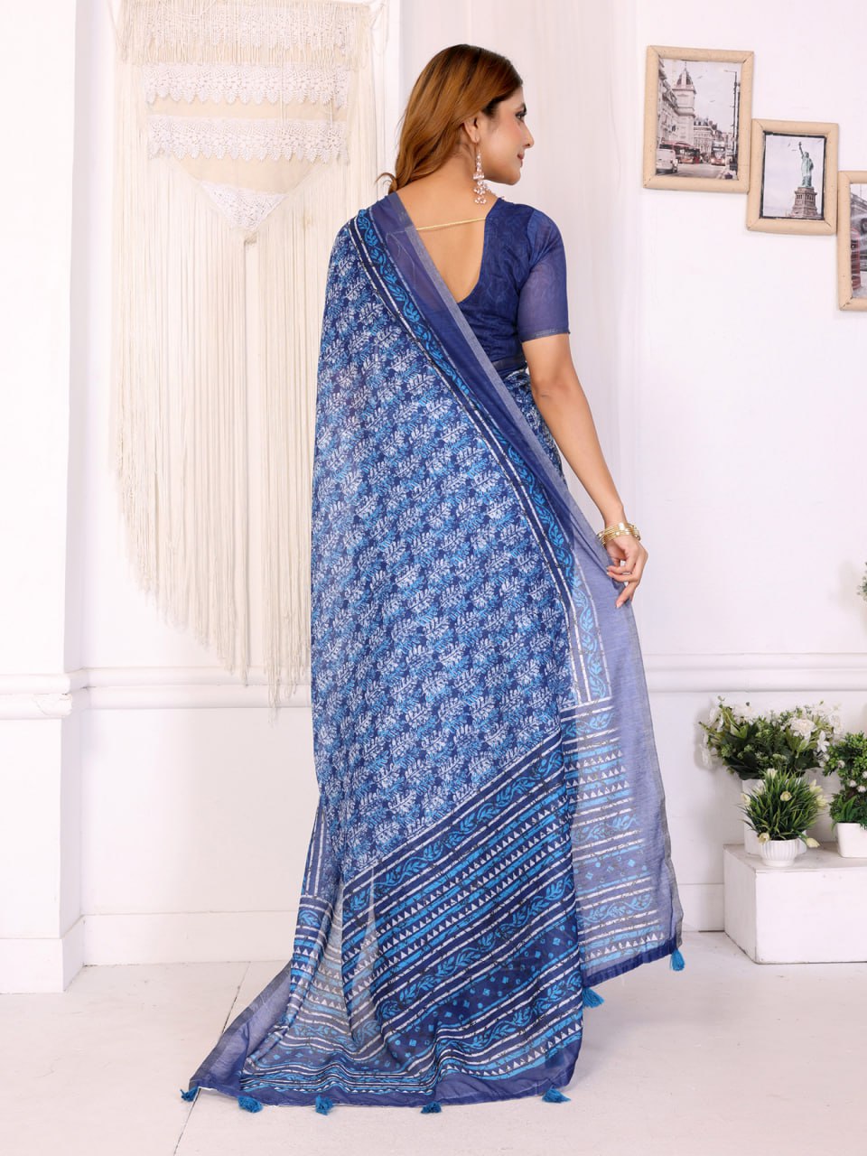 Elegant Blue Chanderi Saree with Digital Floral Print