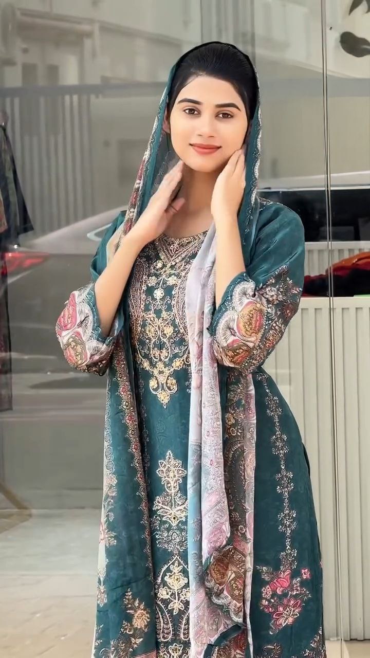 Beautiful Teal Green Floral Printed Unstitched Salwar Suit with Designer Dupatta