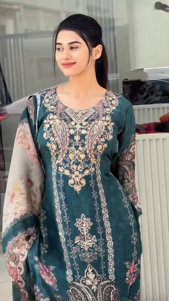 Beautiful Teal Green Floral Printed Unstitched Salwar Suit with Designer Dupatta