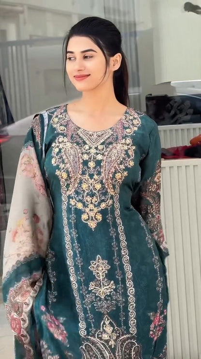 Beautiful Teal Green Floral Printed Unstitched Salwar Suit with Designer Dupatta