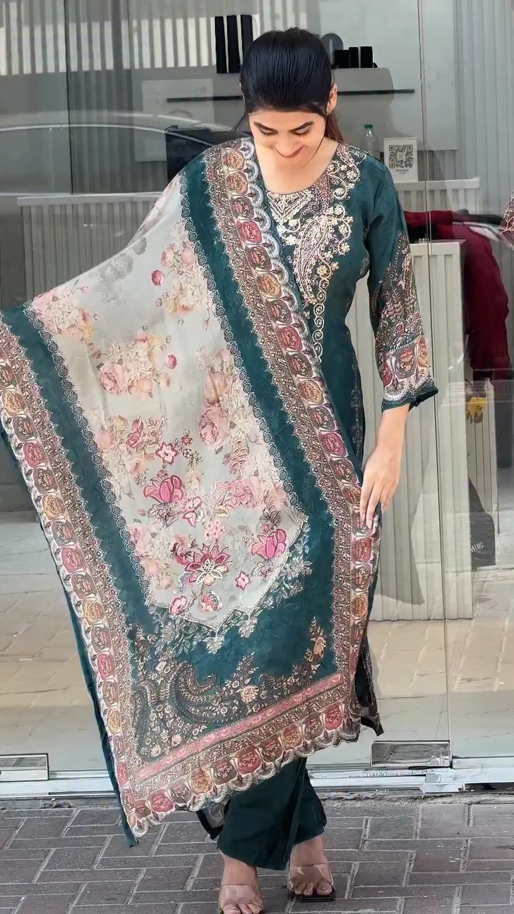 Beautiful Teal Green Floral Printed Unstitched Salwar Suit with Designer Dupatta