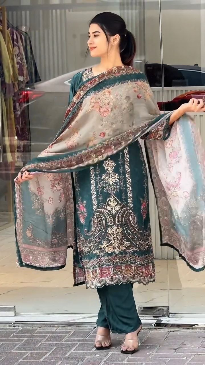 Beautiful Teal Green Floral Printed Unstitched Salwar Suit with Designer Dupatta