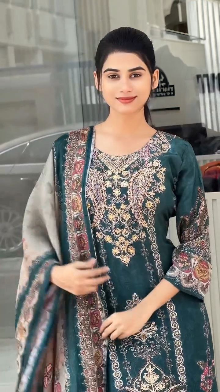 Beautiful Teal Green Floral Printed Unstitched Salwar Suit with Designer Dupatta