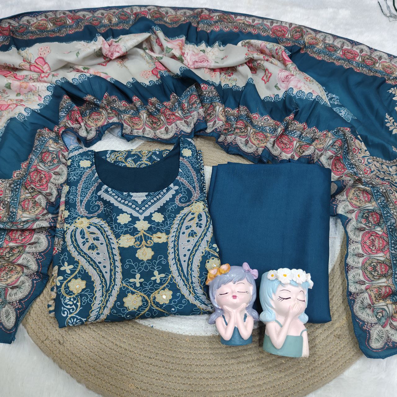 Beautiful Teal Green Floral Printed Unstitched Salwar Suit with Designer Dupatta