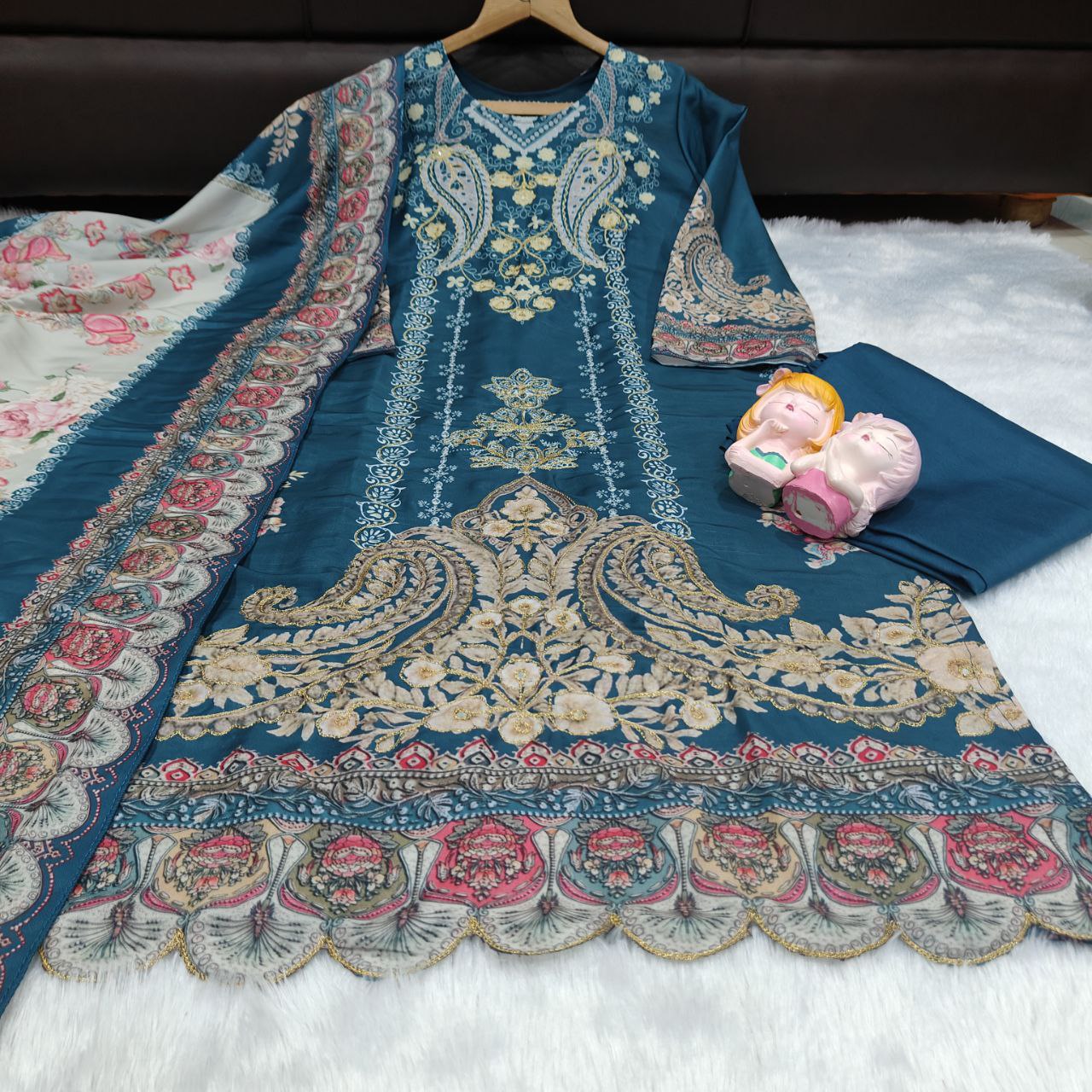 Beautiful Teal Green Floral Printed Unstitched Salwar Suit with Designer Dupatta