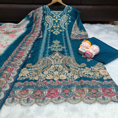 Beautiful Teal Green Floral Printed Unstitched Salwar Suit with Designer Dupatta