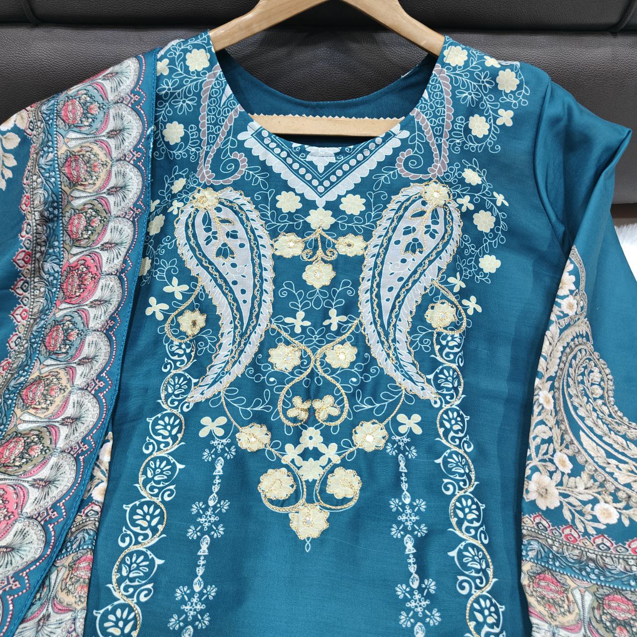 Beautiful Teal Green Floral Printed Unstitched Salwar Suit with Designer Dupatta