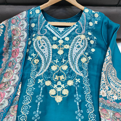 Beautiful Teal Green Floral Printed Unstitched Salwar Suit with Designer Dupatta