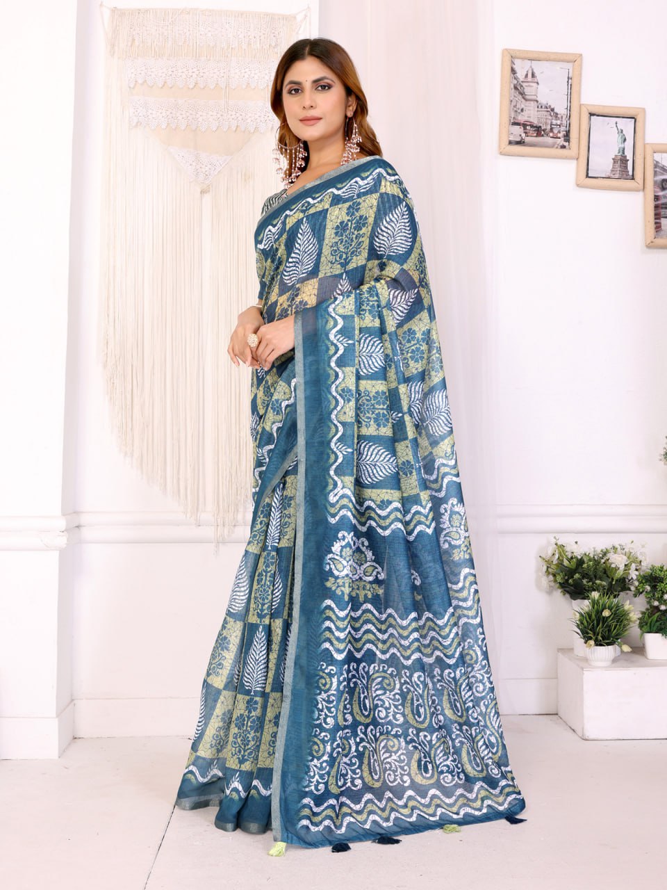 Designer Chanderi Saree with Leaf & Abstract Digital Print