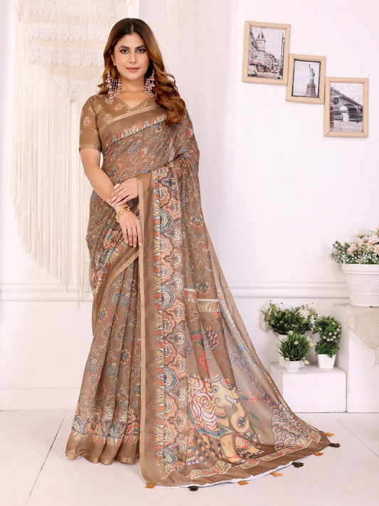 Trendy Coffee Brown Chanderi Digital Print Saree