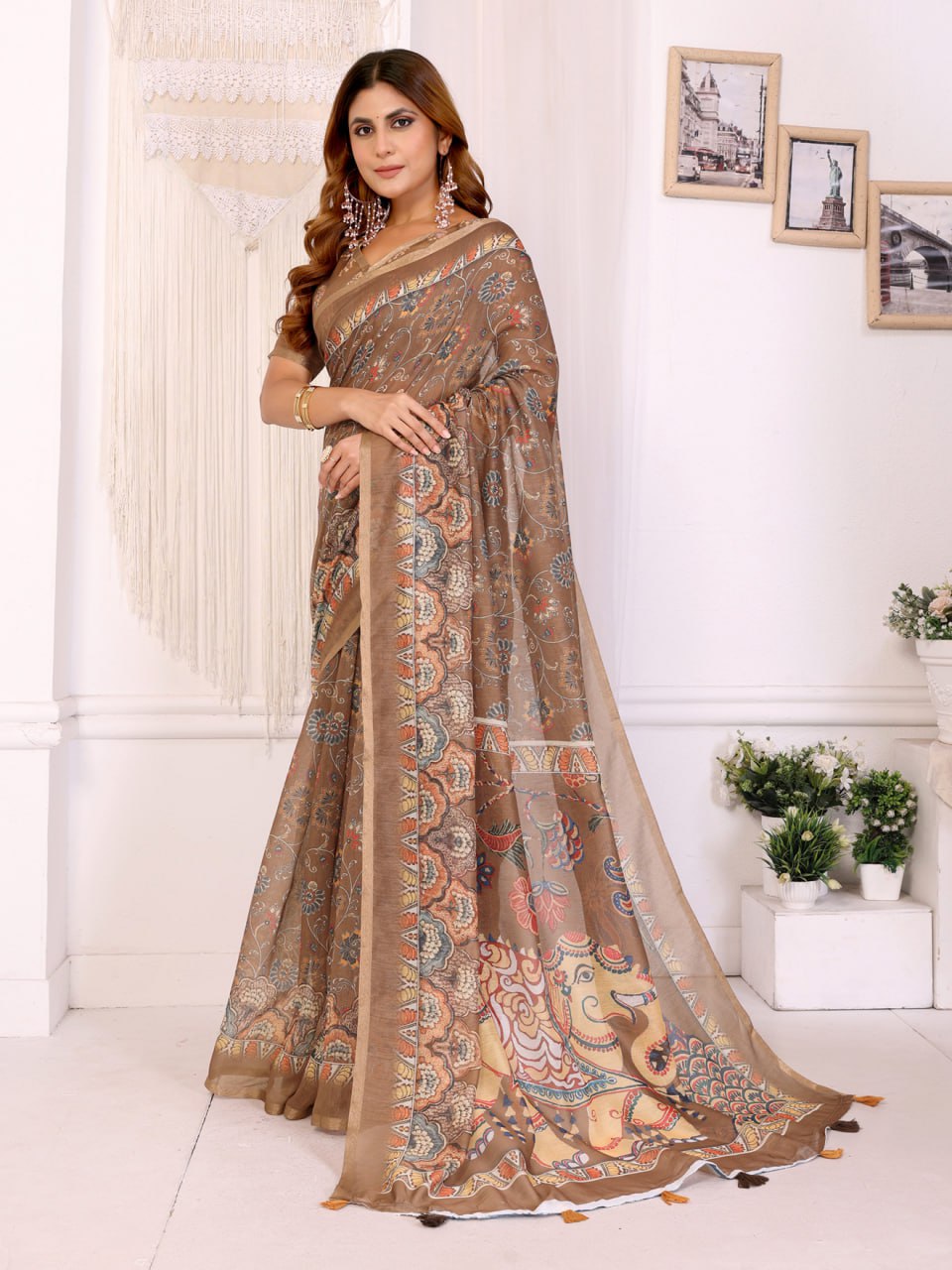 Trendy Coffee Brown Chanderi Digital Print Saree