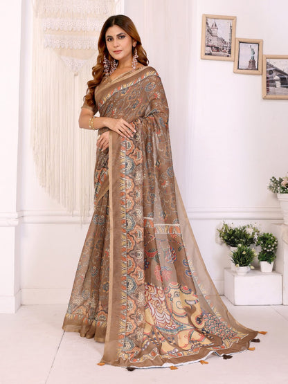 Trendy Coffee Brown Chanderi Digital Print Saree