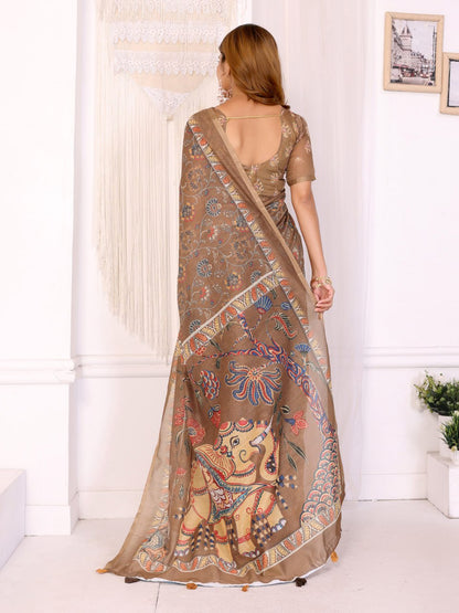 Trendy Coffee Brown Chanderi Digital Print Saree