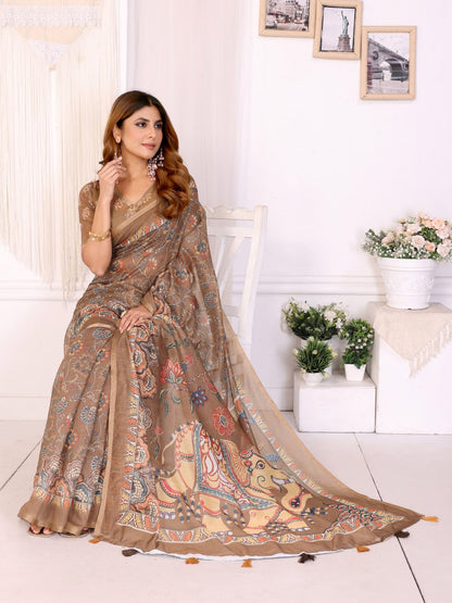 Trendy Coffee Brown Chanderi Digital Print Saree