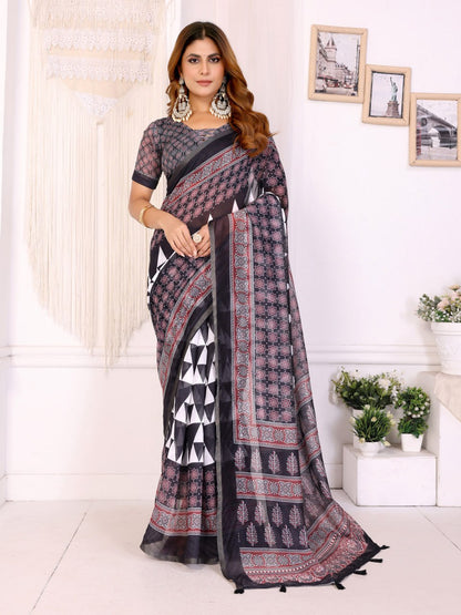 Magic Black & Maroon Geometric Printed Chanderi Saree