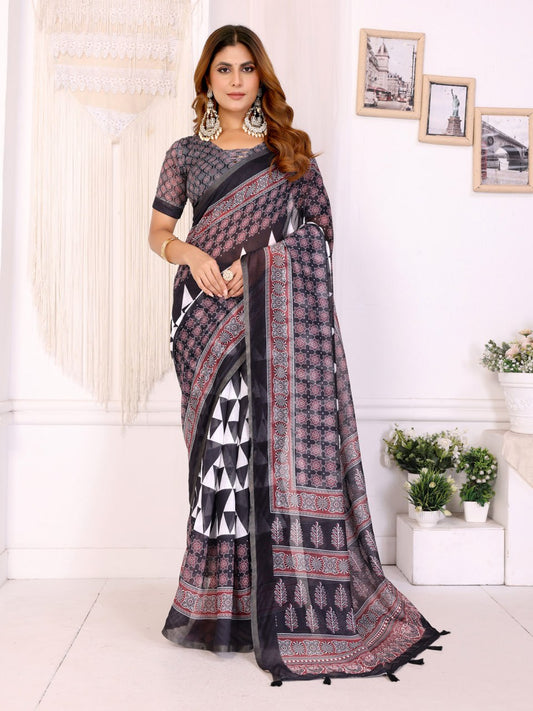 Magic Black & Maroon Geometric Printed Chanderi Saree
