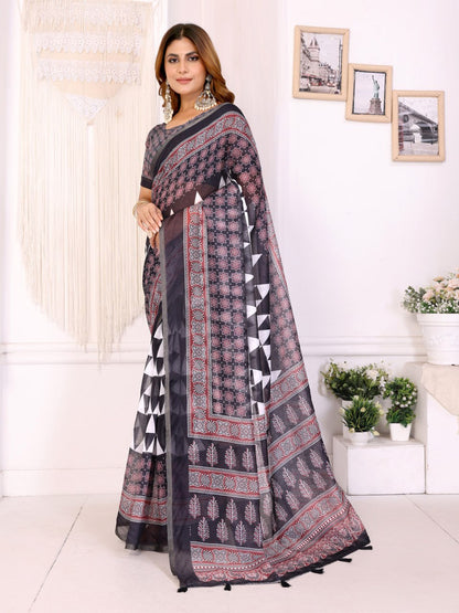 Magic Black & Maroon Geometric Printed Chanderi Saree