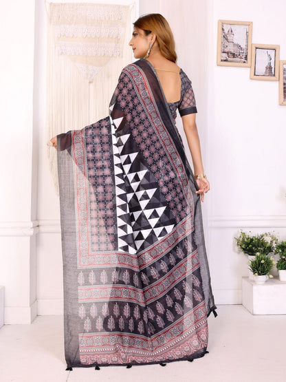 Magic Black & Maroon Geometric Printed Chanderi Saree