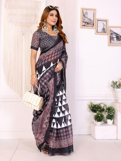 Magic Black & Maroon Geometric Printed Chanderi Saree