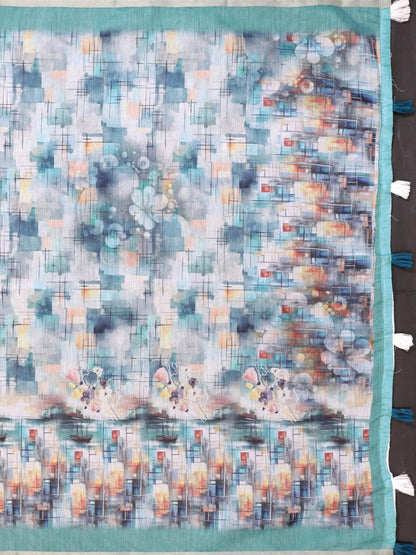 Aqua Blue Digital Abstract Printed Chanderi Saree