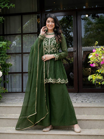 Luxury Forest Green Heavy Crunchy Silk Kurta Palazzo Set,