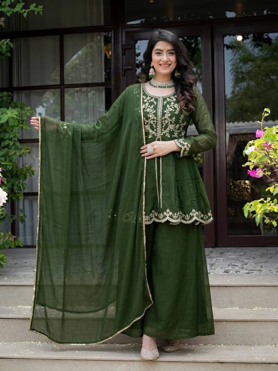 Luxury Forest Green Heavy Crunchy Silk Kurta Palazzo Set,