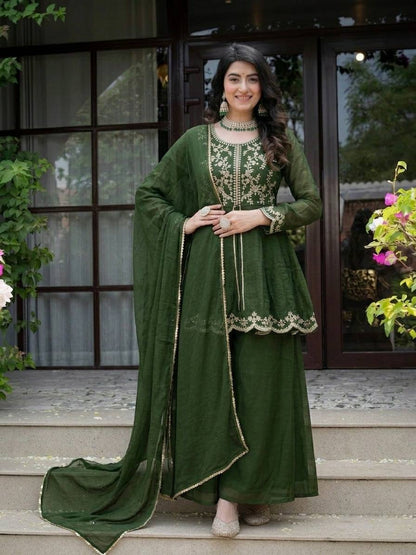 Luxury Forest Green Heavy Crunchy Silk Kurta Palazzo Set,