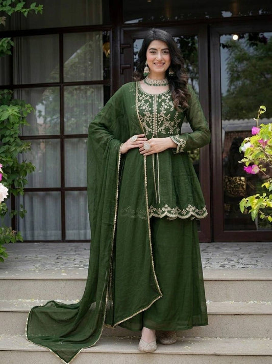 Luxury Forest Green Heavy Crunchy Silk Kurta Palazzo Set,