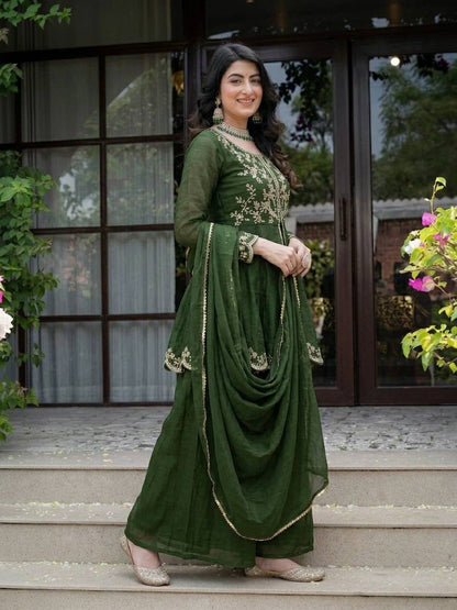 Luxury Forest Green Heavy Crunchy Silk Kurta Palazzo Set,