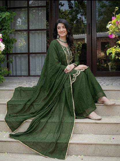 Luxury Forest Green Heavy Crunchy Silk Kurta Palazzo Set,