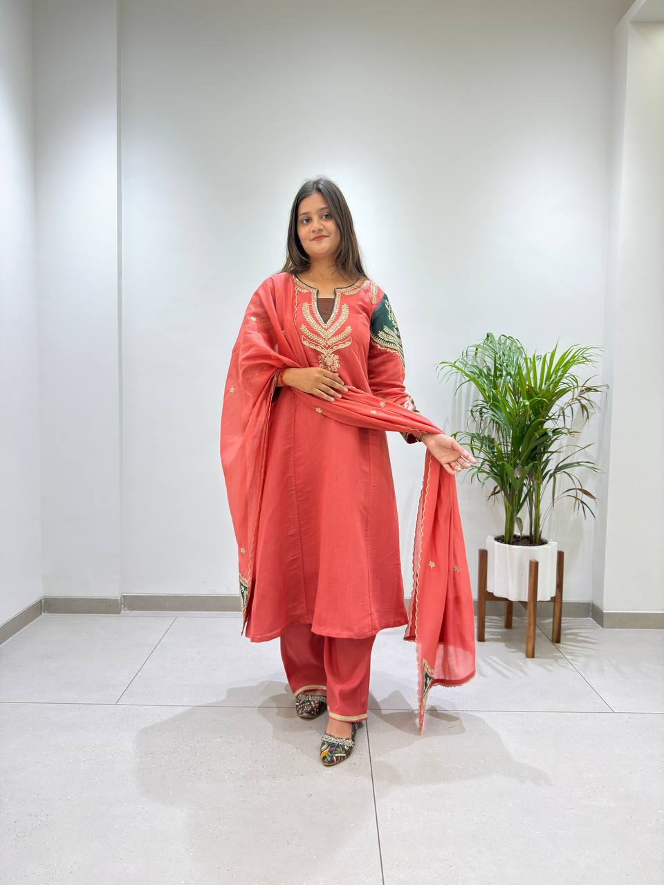 Charming Coral Embroidered Suit Set