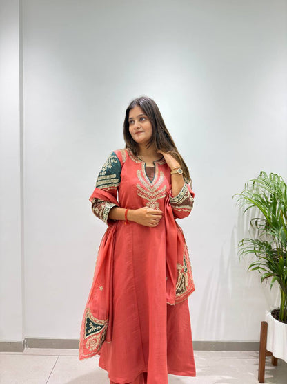 Charming Coral Embroidered Suit Set