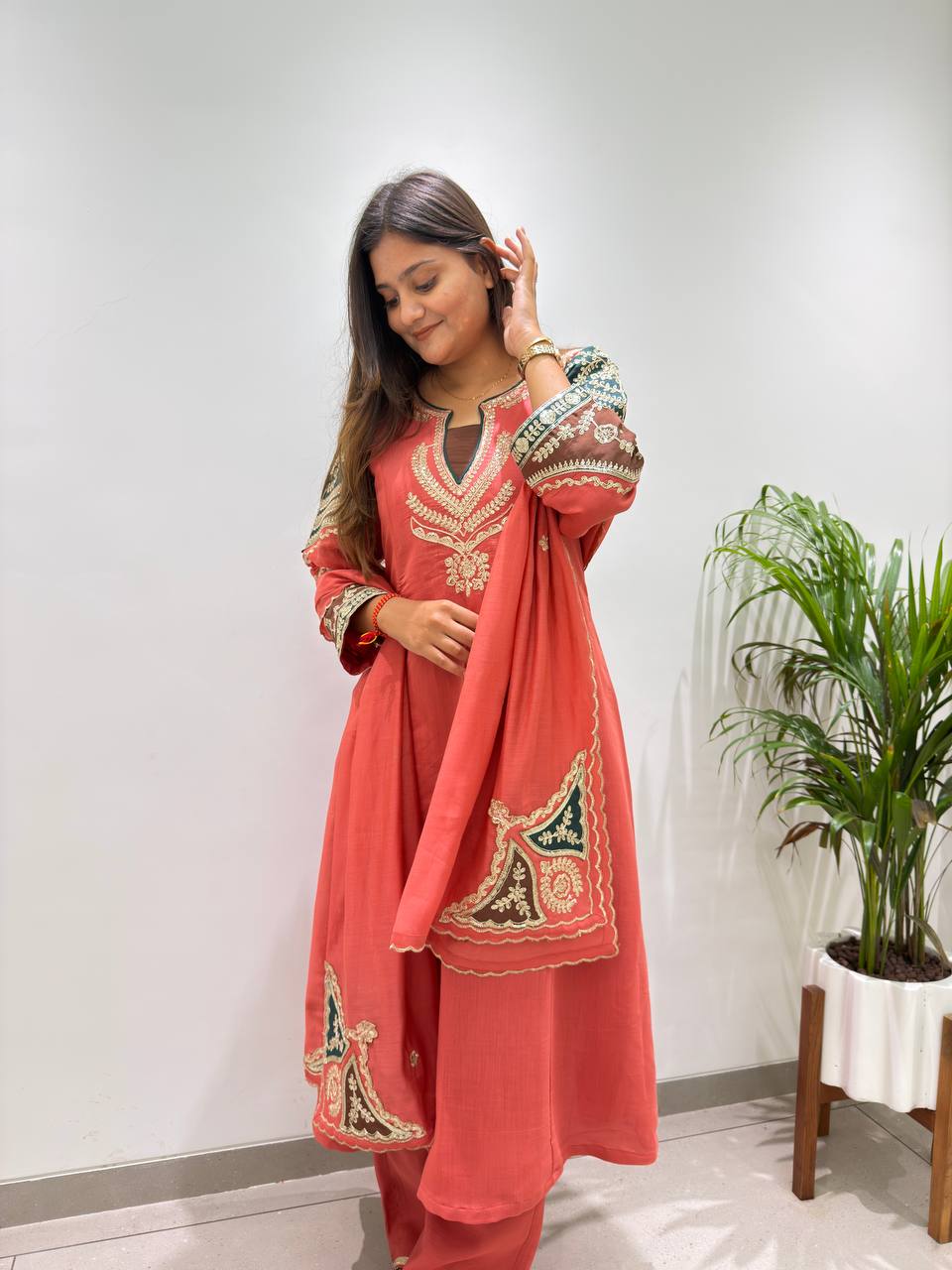 Charming Coral Embroidered Suit Set