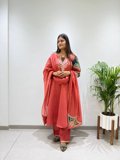 Charming Coral Embroidered Suit Set