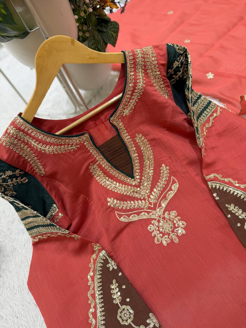 Charming Coral Embroidered Suit Set