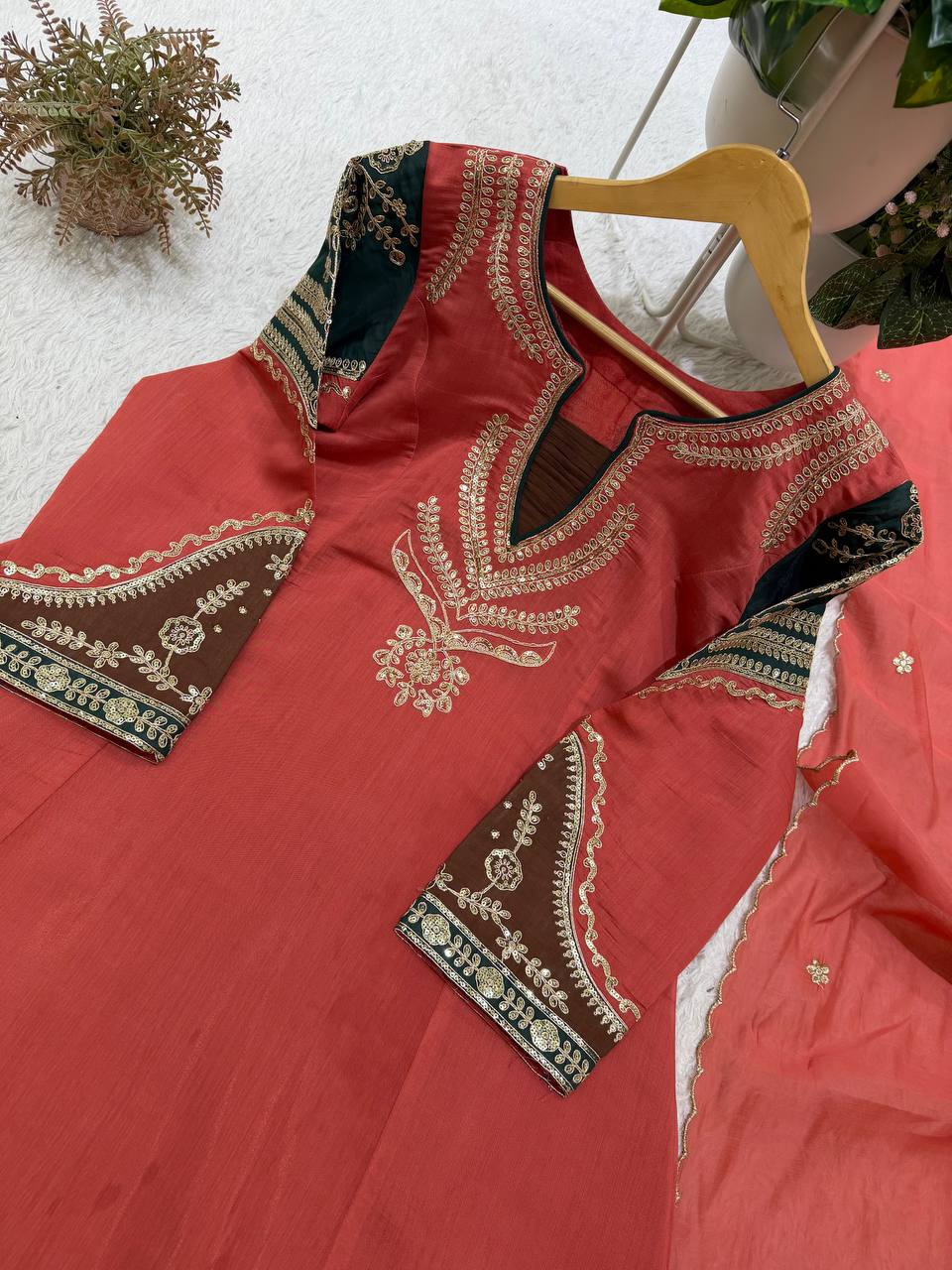Charming Coral Embroidered Suit Set