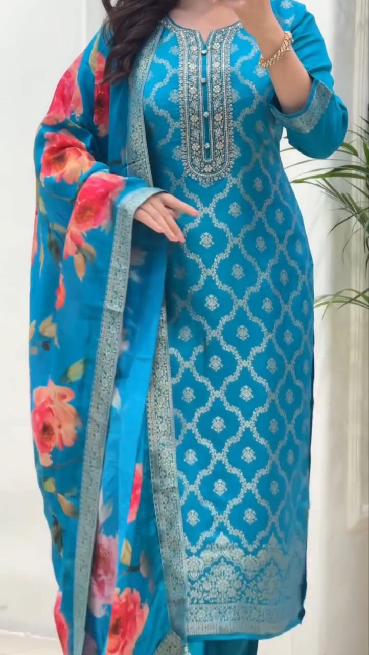 Royal  Banarasi Silk Embroidered Kurta Pant Set with Floral Printed Dupatta